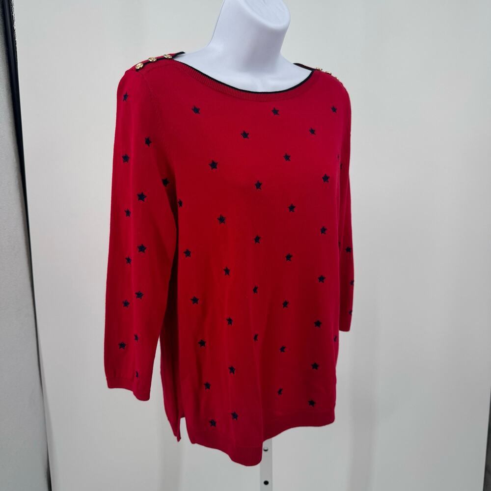 Talbots Petites Red Sweater Womens MP Embroidery Stars Button Shoulder Detail